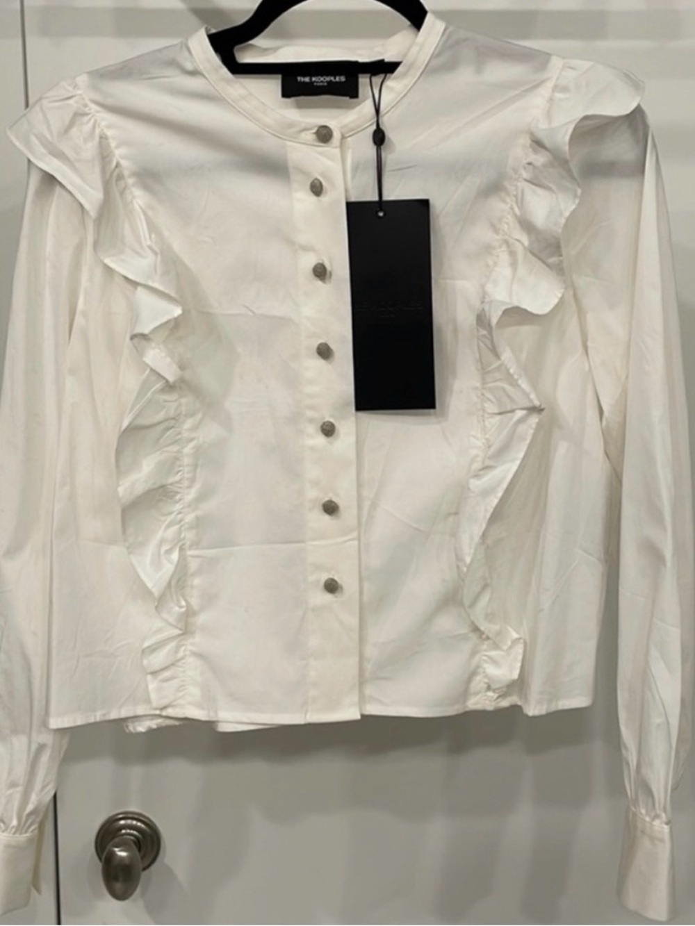 The Kooples White Cotton Long Sleeve Ruffle Accent Button-Up Cropped Shirt SZ M